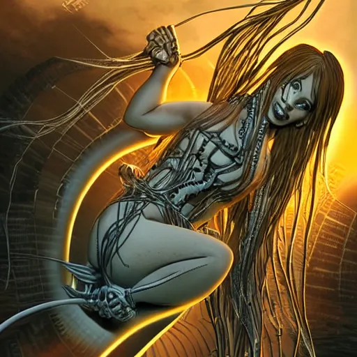 Prompt: comic book action scene, biomechanical mermaid, long hair, steel metal bra, hair made of cables and wires, realistic, futuristic