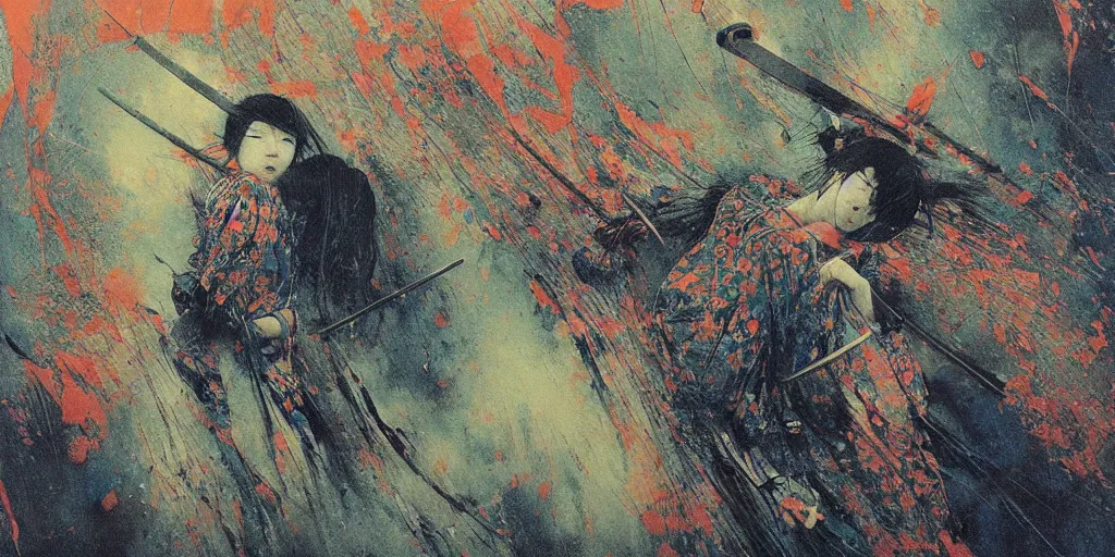 Image similar to Japanese schoolgirl runs away from Samurai with a katana on the subway, high detailed Beksinski painting, part by Adrian Ghenie and Gerhard Richter. art by Takato Yamamoto. deep colours, blue