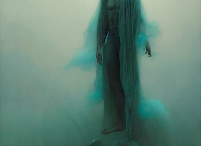 Image similar to a ghost in the turquoise - fog in the void, black background hyperrealism, no blur, 4 k resolution, ultra detailed, style of carlos schwabe, dariusz zawadzki, tom bagshaw, tom bagshaw, ismail inceoglu, robert mccall