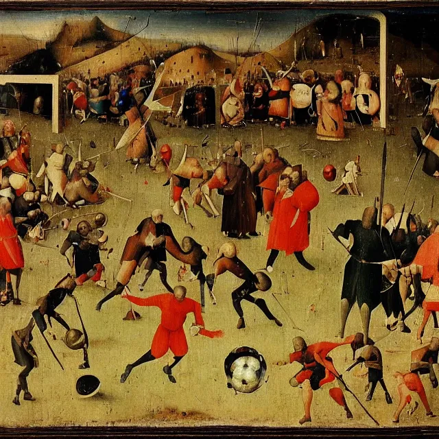 Prompt: a painting from 1 4 9 0 of a european football soccer match by hieronymus bosch, in the style of bosch