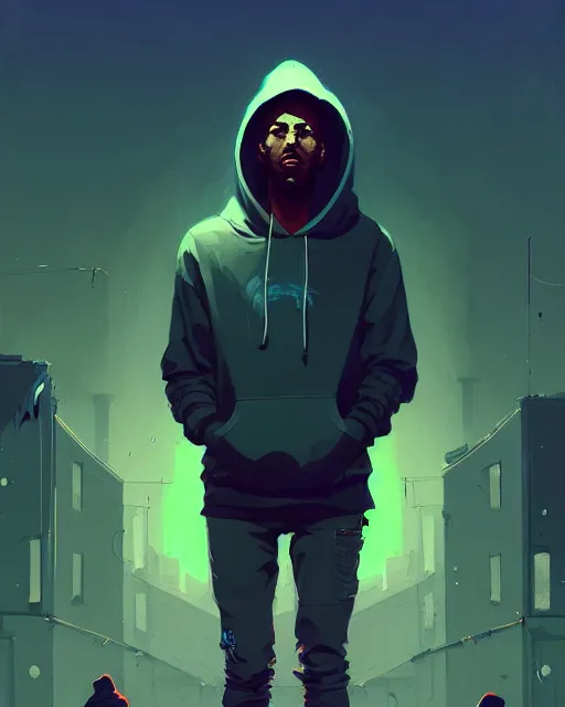 Image similar to music festival, hyper - realistic portrait of a man in a hoodie with detailed background, intricate, 4 k, by atey ghailan, by greg rutkowski, by greg tocchini, by james gilleard, by joe fenton, by kaethe butcher, dynamic lighting, lighting color scheme, sharp focus, grunge aesthetic