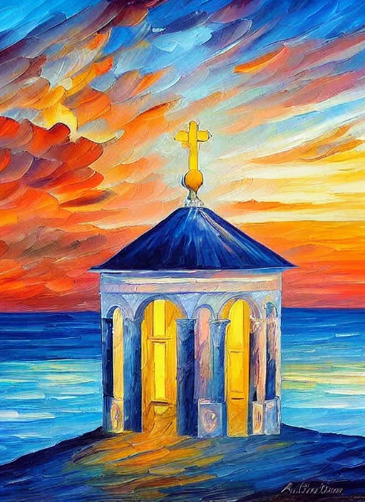 Prompt: beautiful seaside greek chapel at sunset in the style of leonid afremov