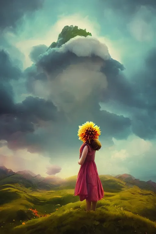 Prompt: closeup perspective, giant dahlia flower over the head, girl standing on mountain, surreal photography, blue storm clouds, dramatic light, impressionist painting, digital painting, artstation, simon stalenhag