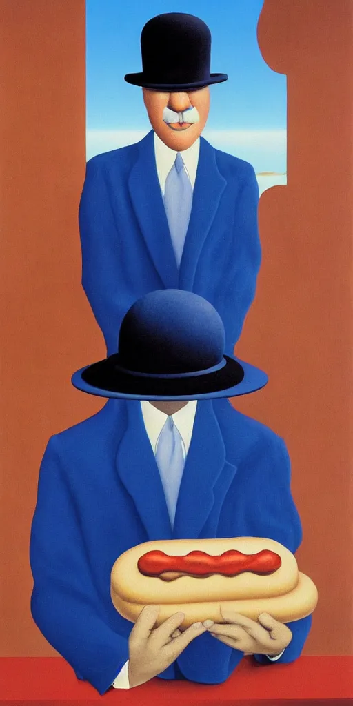 Image similar to A Rene Magritte Son Of Man painting of a man with a hat on a blue background, a floating hotdog blocks the man’s face, The Son Of Man