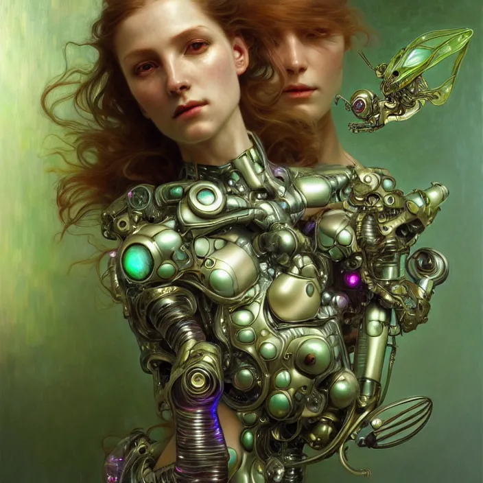 Image similar to organic cyborg, iridescent bettle, diffuse lighting, fantasy, intricate, elegant, highly detailed, lifelike, photorealistic, digital painting, artstation, illustration, concept art, smooth, sharp focus, art by john collier and albert aublet and krenz cushart and artem demura and alphonse mucha