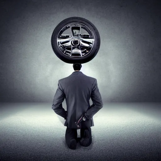 Image similar to man with car wheel on head surreal