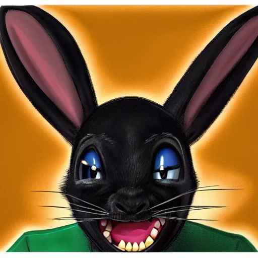 Image similar to A extremely highly detailed majestic hi-res beautiful, highly detailed head and shoulders portrait of a scary terrifying, horrifying, creepy black cartoon rabbit with scary big eyes, earing a shirt laughing, hey buddy, let's be friends, in the style of Walt Disney