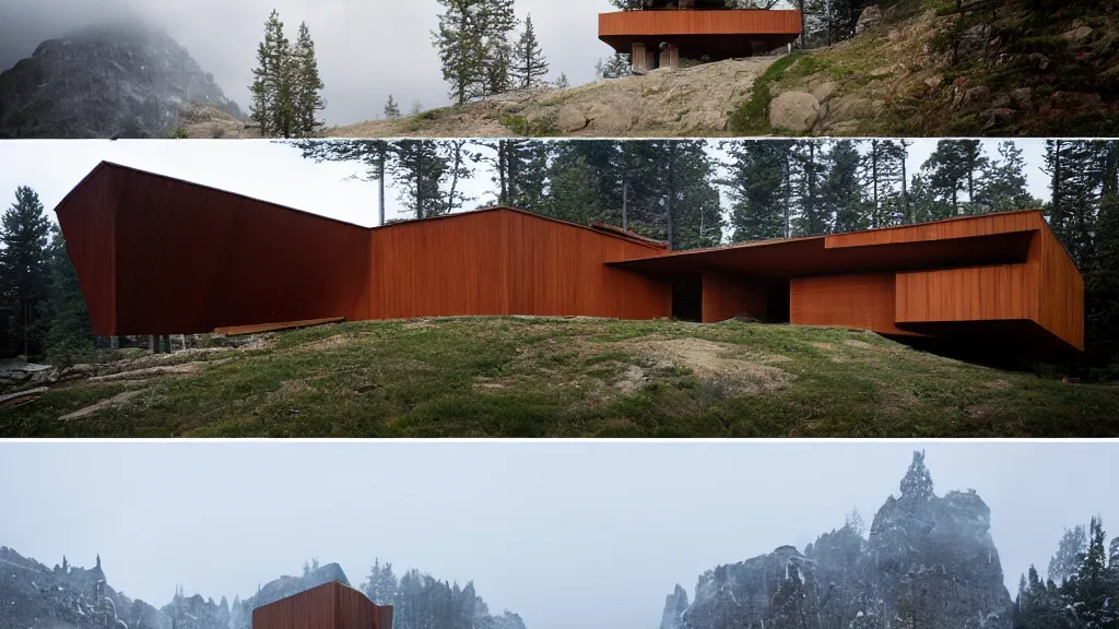 Prompt: Exterior photographs of a mountain house design by Alvar Aalto, by Peter zumthor, by Luis Barragán, by Freddy Mamani, Architectural photography, cinematic photography, dreamlike atmosphere, high resolution 4k