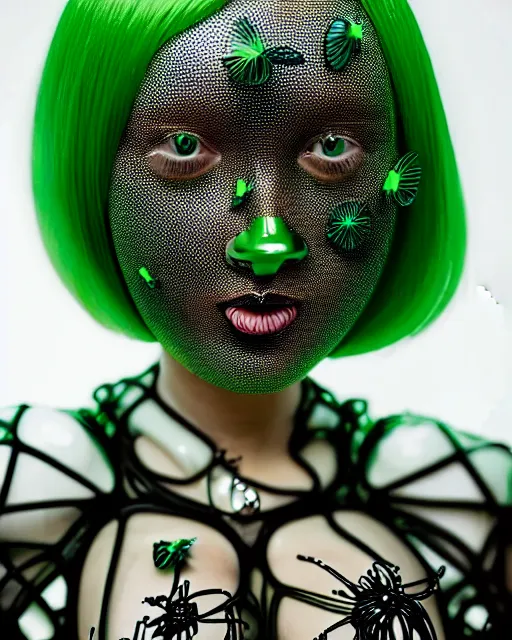 Image similar to symmetrical close - up portrait of a woman wearing a translucent silicone beauty mask and green hair, wearing a black bodysuit by alexander mcqueen, standing in a garden full of plastic translucent flowers, black background, soft diffused light, biotechnology, humanoide robot, bjork aesthetic, translucent, by rineke dijkstra, intricate details, highly detailed, masterpiece,