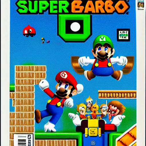 Prompt: video game box art of a commodore 6 4 game called super mario bros and metroid, highly detailed cover art.