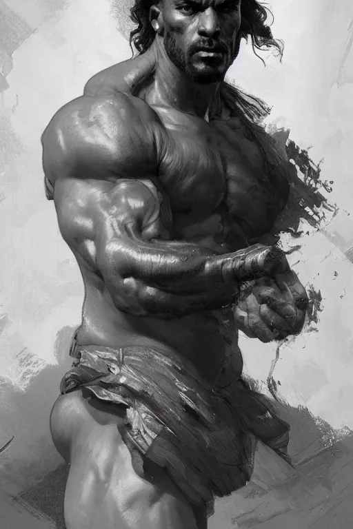 Prompt: a highly detailed portrait painting of a goliath, muscular, bald, black and white photography, by greg rutkowski and alphonse mucha, sharp focus, matte, concept art, artstation, digital painting