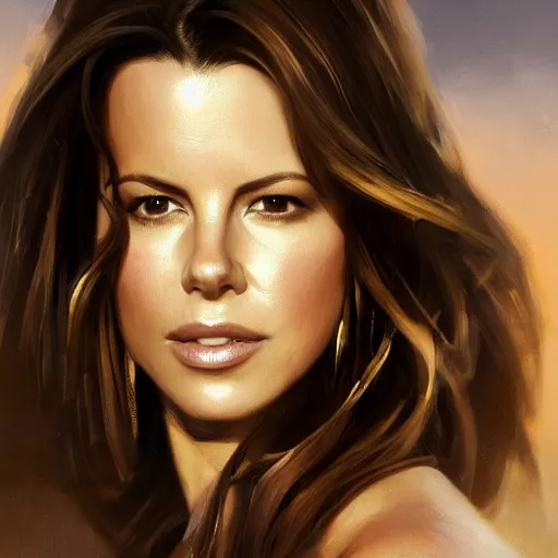 Prompt: closeup portrait of a kate beckinsale, seductive smile, soldier, army chiaroscuro, city background, golden hour, dramatic lighting, complementary contrast, high detail, painted by greg rutkowski, painted by igor kieryluk, trending on artstation