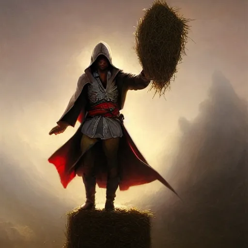 Image similar to ezio standing on a house falling into the hay bale made by ivan aivazovsky, peter mohrbacher, greg rutkowski volumetric light effect broad light oil painting painting fantasy art style sci - fi art style realism premium prints available artwork unreal engine