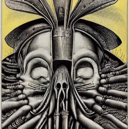 Image similar to post - punk new age album cover, asymmetrical design, magic, apocalypse, psychedelic, highly detailed, black white pink, magic, giger h. r., giuseppe arcimboldo