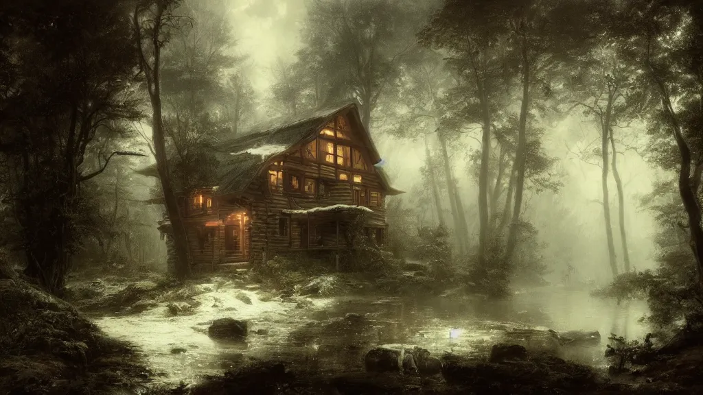 Image similar to [ a cabin in the woods, where the old druid lives ] andreas achenbach, artgerm, mikko lagerstedt, zack snyder, tokujin yoshioka