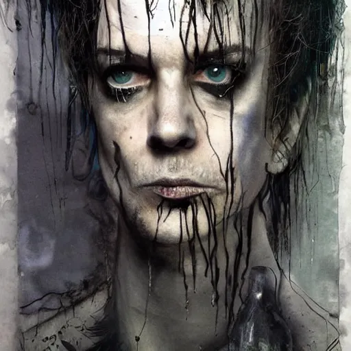 Prompt: stunning portrait of gaunt ( the cure fan ) as dream from sandman, dim stars as eyes, by jeremy mann, by cedric peyravernay, by by russ mills, by richard avedon and ben templesmith, dramatic lightning, sadness, dark eye sockets, in the shadows, punk rock, gothic, high detailed, 8 k