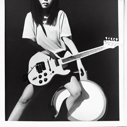 Image similar to a black and white photograph of a female japanese artist playing an electric guitar, 1 9 7 0 s