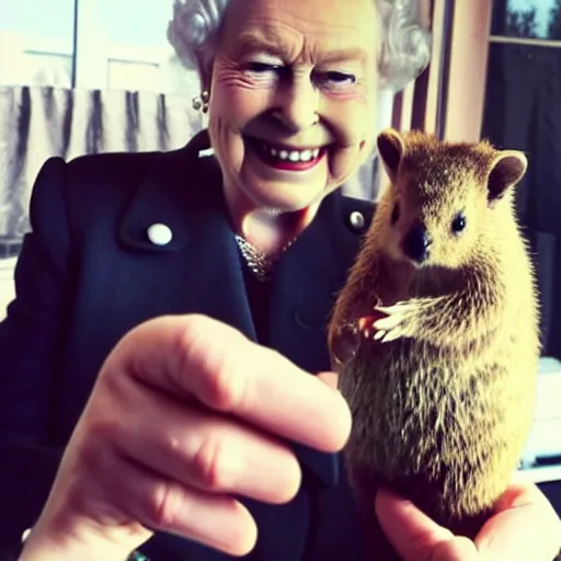 Image similar to Queen Elizabeth II selfie with a quokka