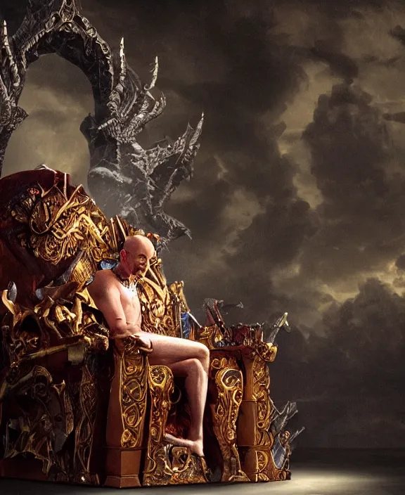 Image similar to a vivid fantasy portrait of jeff bezos sitting on a dark throne