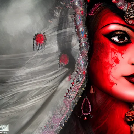 Image similar to beautiful Hindu goddess of the dark with veil, in darkness, cover with a lot of red water, horror terrifying, surreal realistic, hyper details, full HD, 8k!