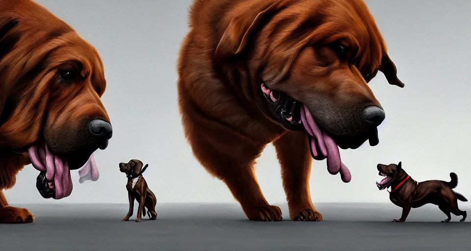 Image similar to a digital painting of a standoff between a very large dog facing a tiny dog, wide open drolling mouth, hyperealism, award winning, stunning, trending on art station, highly detailed, cinematic lighting, 8 k, hd