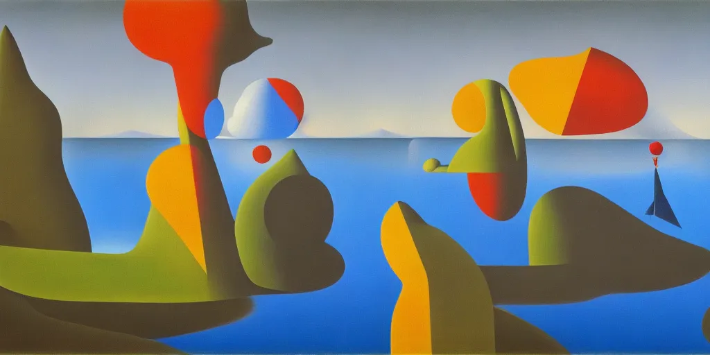 Image similar to a surrealist painting of a lake by alexandr archipenko and rene magritte and joan miro, 4 k, trending on artstation, detailed
