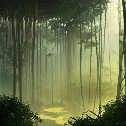 Prompt: misty jungle, dynamic lighting. hazy atmosphere. wu wei. guweiz. moebius. science fiction art. graphic novel key art.