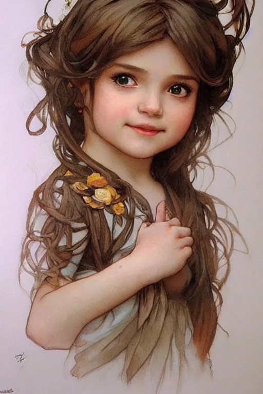 Image similar to a little girl with a mischievous face and short!! light brown straight hair. she is dressed as disney princess painting, beautiful detailed face. by artgerm and greg rutkowski and alphonse mucha