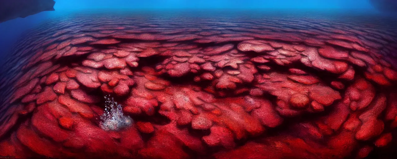 Image similar to A gorgeous detailed oil of a dark red sea covered in big blue steep rocks, a school of piranhas underwater, the further away the mistier it gets, surreal, concept art, dark aesthetic, atmospheric, moody, hyperrealism, highly detailed, masterpiece, award winning, 4k, unreal engine