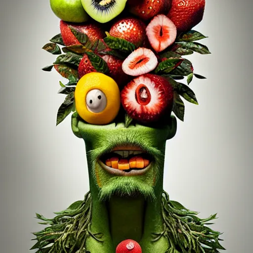 Image similar to megan fox vegan editorial by malczewski, character sculpture by arcimboldo, stil frame from'cloudy with a chance of meatballs 2'( 2 0 1 3 ) of fruit dryad, fruit hybrid megan fox editorial by alexander mcqueen and arcimboldo