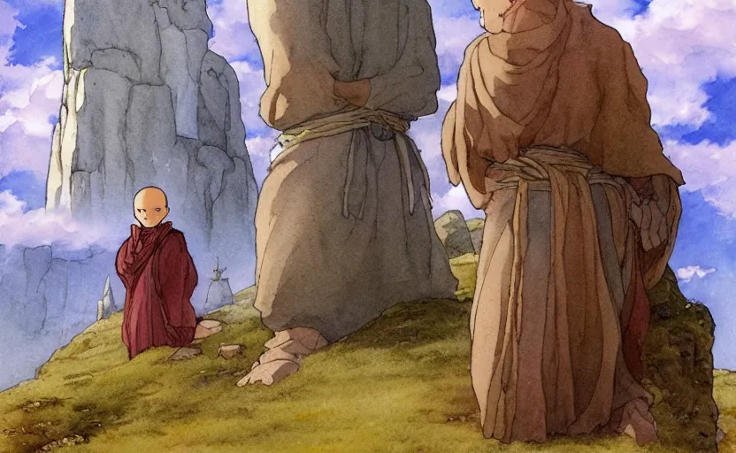 Image similar to a hyperrealist anime watercolor fantasy concept art of a giant monk with a big forehead and a small druid with a grey robe in stonehenge on a misty night. in the background several immense stones are floating in the air. by rebecca guay, michael kaluta, charles vess