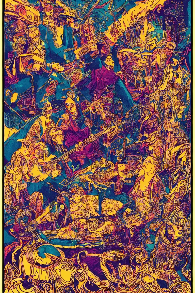 Image similar to beautiful colorful hyperrealist highly detailed psychedelic music poster'patton oswalt and the teenage ghosts live at the fillmore ', psychedelic art nouveau, beautiful high contrast colored wood engraving, moebius comic style, shocking detail trending on artstation 8 k