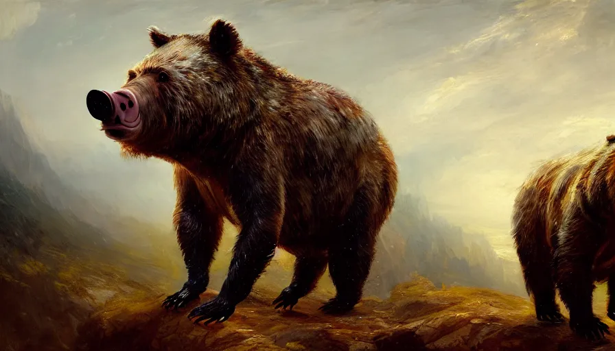 Prompt: highly detailed painting of a half bear half man pig creature by william turner, by greg rutkowski, by william constable, thick brush strokes and visible paint layers, 4 k resolution