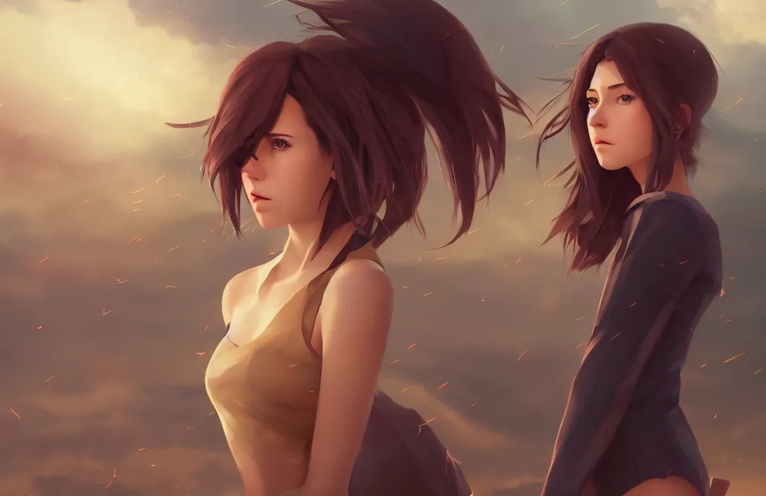 Image similar to a beautiful british woman with short brown hair, serious, somber amber eyes, standing on a bridge, storm in the distance, basic clothing, digital art by makoto shinkai ilya kuvshinov and wojtek fus, digital art, concept art,