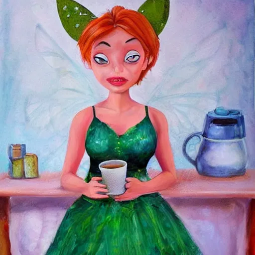 Prompt: Tinkerbell in short green dress with tattered hem, thick heavy eye makeup, bare feet, hungover, coffee cup, stark oil painting by Jasmine Beckett