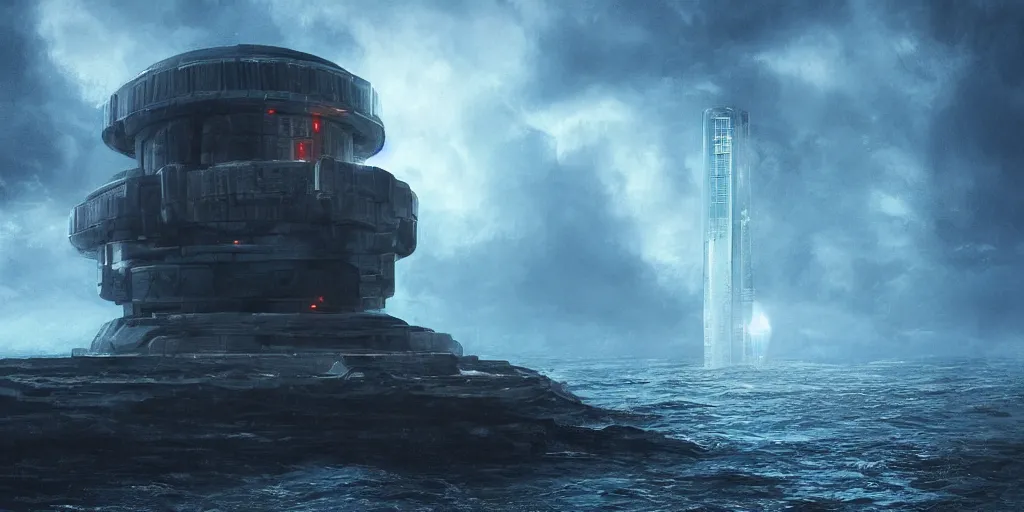 Image similar to a futuristic fortress tower in the middle of the rainy ocean, highly realistic concept art, blue cold atmosphere, but there is a read light glowing under the fortress, perfectly symmetric composition, great lighting, chiaroscuro, phorohraphy, cinematography, high quality, on trending, beautiful, 4 k