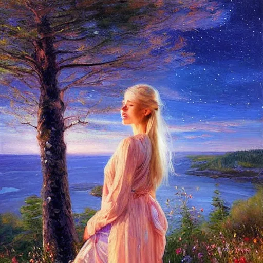 Prompt: blonde woman watching over the swedish countryside, archipelago, night, masterpiece, highly detailed, beautiful, atmospheric, impressionism, painting by Vladimir Volegov