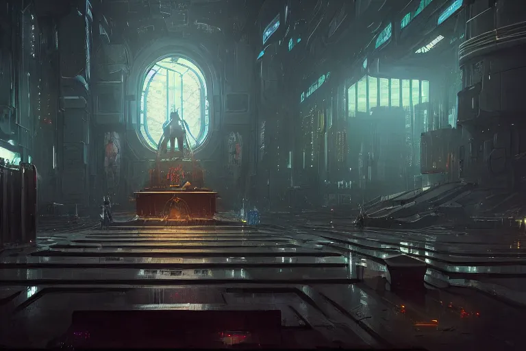 Image similar to sci fi cyberpunk fantasy art a man prays at the altar to the god of machines, by greg rutkowski ultrahd dark volumetric lighting hyper detailed unreal engine octane render