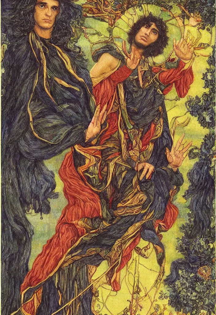 Image similar to Yoshua Bengio on the Tarot card. Illustration by preraphaelists