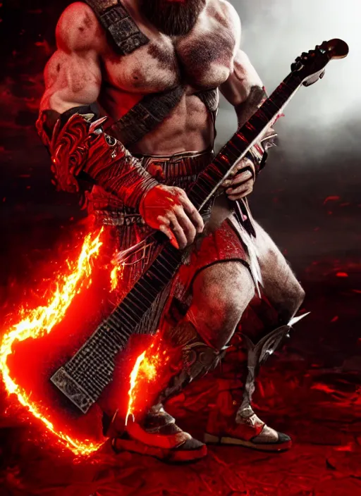 Prompt: red facial stripe armored screaming kratos rocking out on a flaming stratocaster guitar, cinematic render, god of war 2 0 1 8, playstation studios official media, lightning, flames, left eye red stripe, red left eye stripe, left eye red stripe, red left eye stripe, clear, coherent