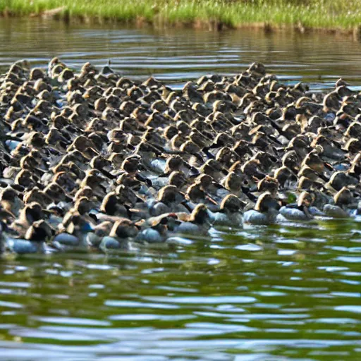 Image similar to army of ducks fighting with each other, highly realistic