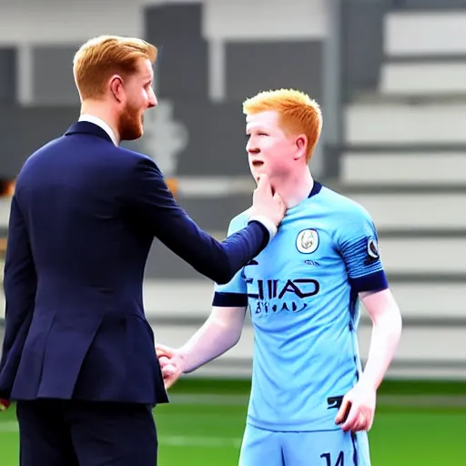Prompt: cctv footage of kevin de bruyne shaking hands with harry kane,