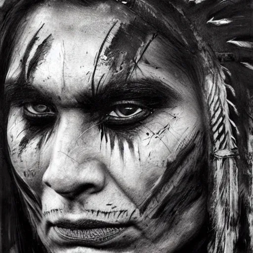 Image similar to A Native American warrior, war paint, realistic, concept art, sharp focus, 8k high definition, insanely detailed, intricate, elegant, art by Guy Denning