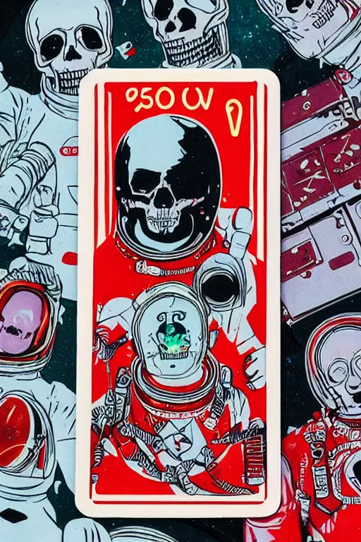 Prompt: soviet playing card, astronaut with neon glowing skull 1 9 6 0 s color _ bleed _ video compression video glitch vhs footage akira kurosawa mamoru oshii wes anderson