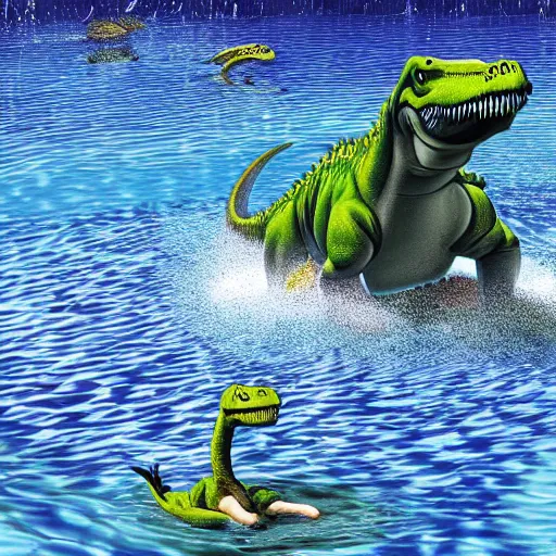 Prompt: a dinosaur is drowning in the pool