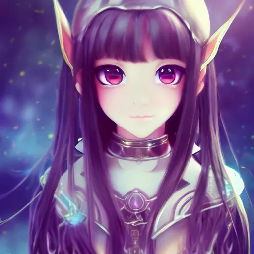 Image similar to adorable young cute anime elf girl, long black hair, detailed fantasy armor, symmetrical face. beautiful spark eyes. beautiful lineart. bokeh pixiv # 1 ranking depth focus, chromatic aberration, noise, soft lighting, srgb, 4 k, cinematic