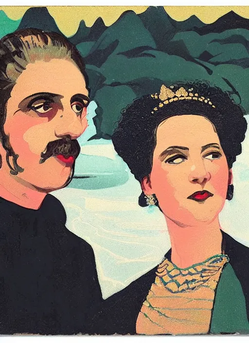 Image similar to an extreme close - up low angle portrait of the young extravagantly dressed queen and her servant at her side in a scenic representation of mother nature and the meaning of life by billy childish, thick visible brush strokes, shadowy landscape painting in the background by beal gifford, vintage postcard illustration, minimalist cover art by mitchell hooks