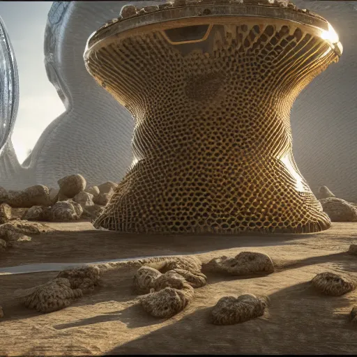 Prompt: alien starship exiting stargate made of molten honeycomb structure, intricate detail, royo, whealan, giger, hd, 8 k, octane render, unreal engine,