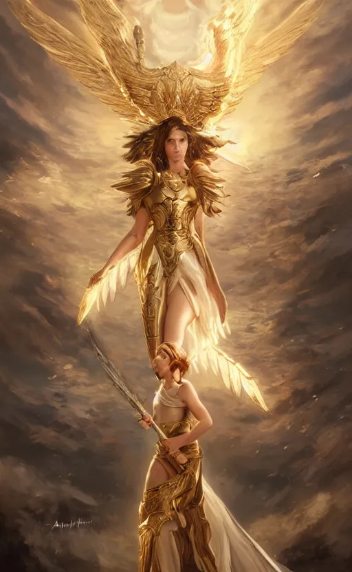 Image similar to A beautiful and fierce angel with wings, wearing metal battle armor and a flaming sword, among heavenly sunlit clouds, intricate, elegant, detailed, digital painting, golden hour photography, medium shot, trending on artstation, concept art, smooth, sharp focus, illustration, art by artgerm and Greg Rutkowski and Alphonse Mucha