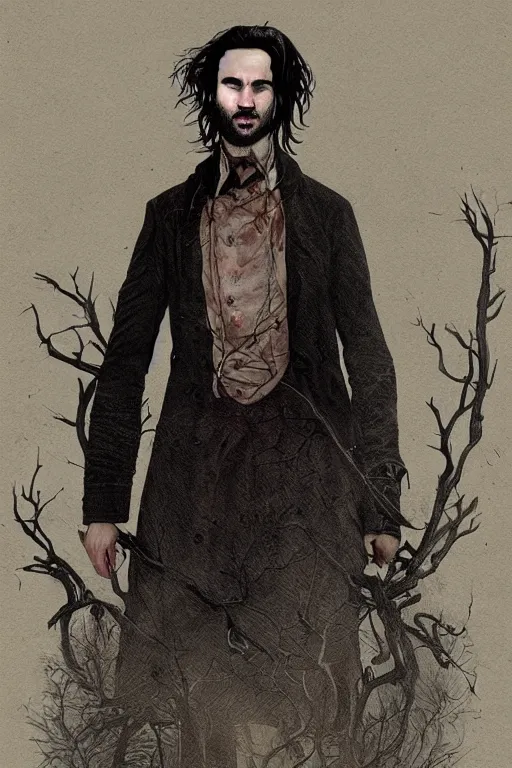 Image similar to tom sturridge as dream in sleepy hollow, full body, big two toned eyes, teeth gritted, horror, intricate details, cinematic, epic, realistic, anatomy, tomer hanuka, uplight, artstation, photorealistic, scary